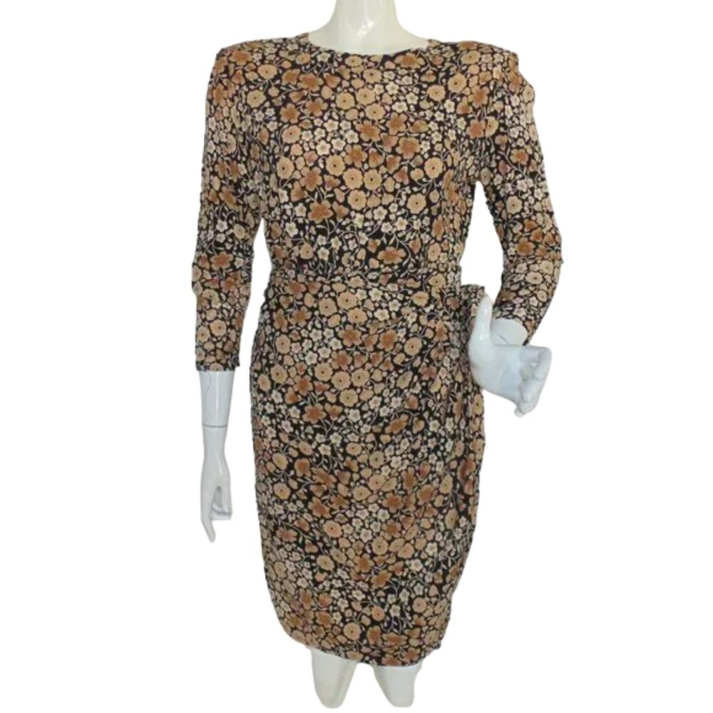 LIZ CLAIBORNE Dress, 8, Black/Tan Floral, Faux Wrap Skirt, Shoulder pads, VTG - Picture 1 of 13